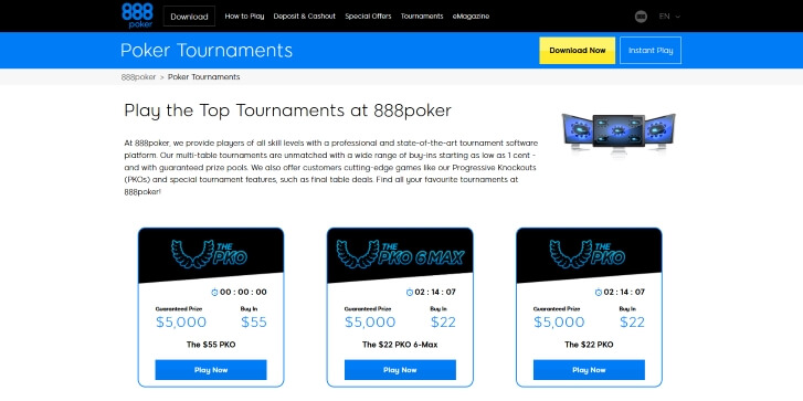 Current tournaments at 888 Poker